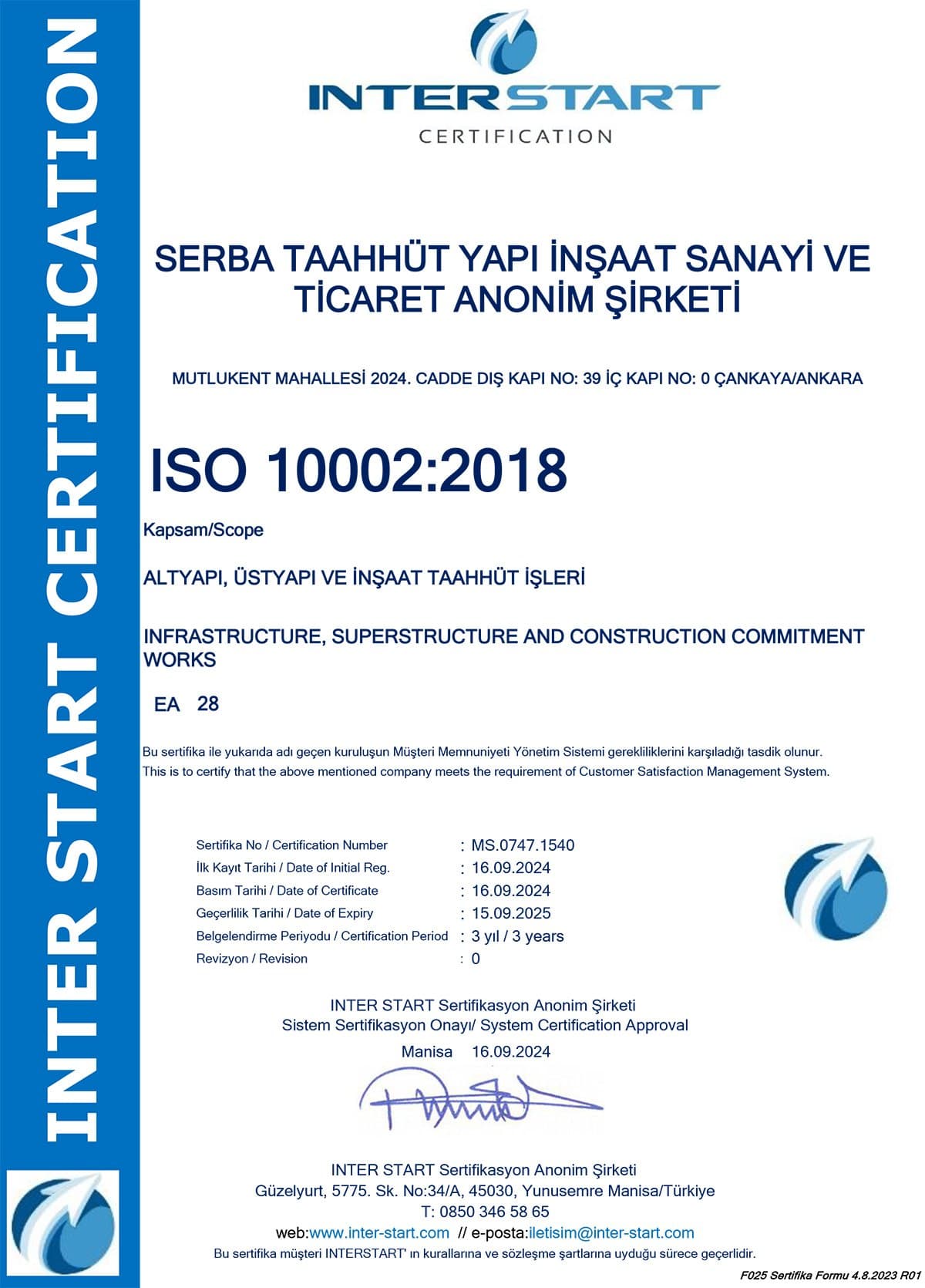 ISO 10002:2018 Müşteri Memnuniyeti Yönetim Sistemi sertifikası