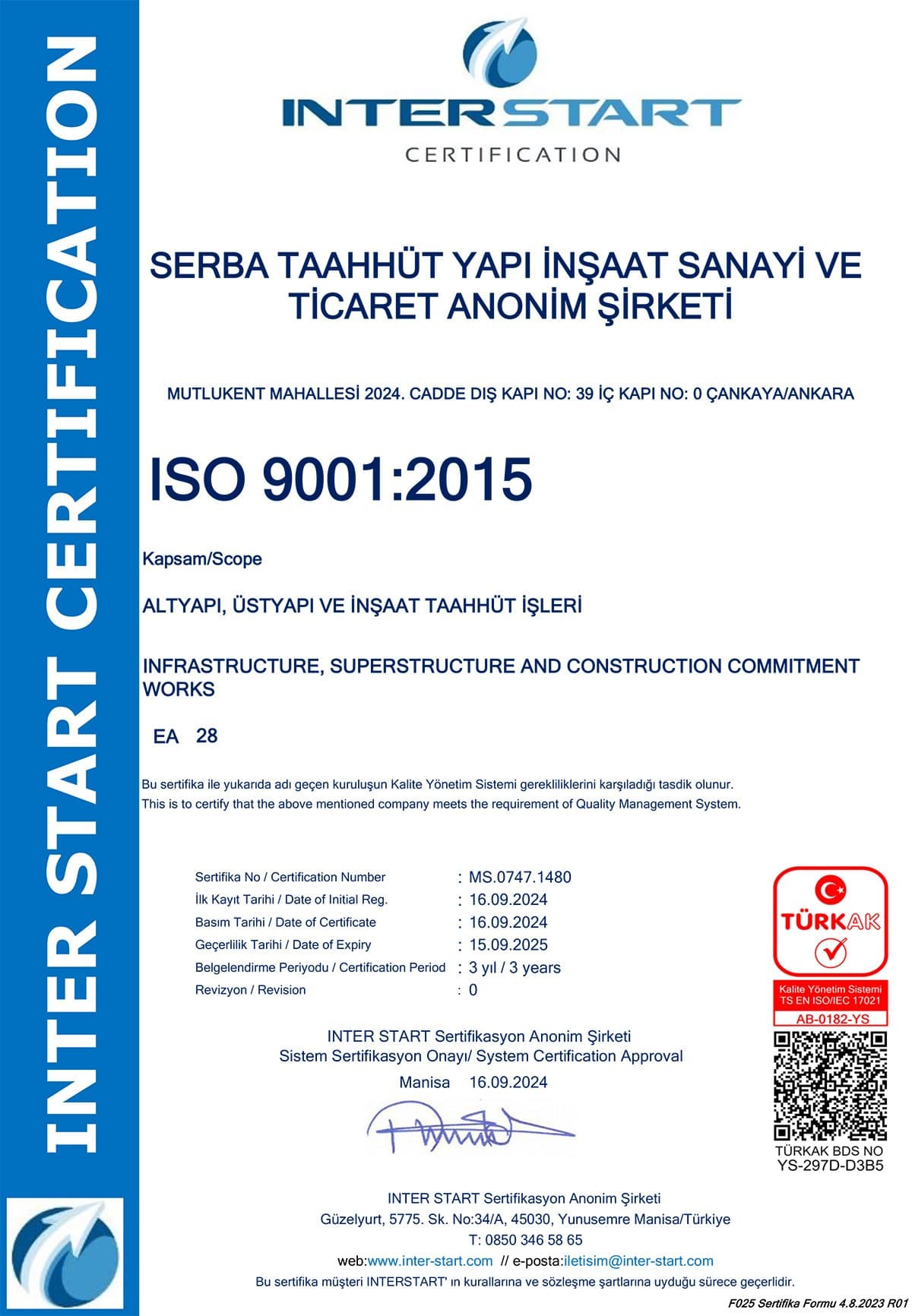 ISO 9001:2015 Kalite Yönetim Sistemi sertifikası